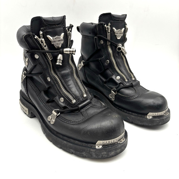 Harley Davidson BRAKE LIGHT Black Leather Double Zip Plate Toe Moto Boot Women 8 - Picture 1 of 13